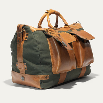 Will Leather Goods Canvas Travel Duffle; olive canvas with tan leather trim top handles on Tampa Home & Garden Store