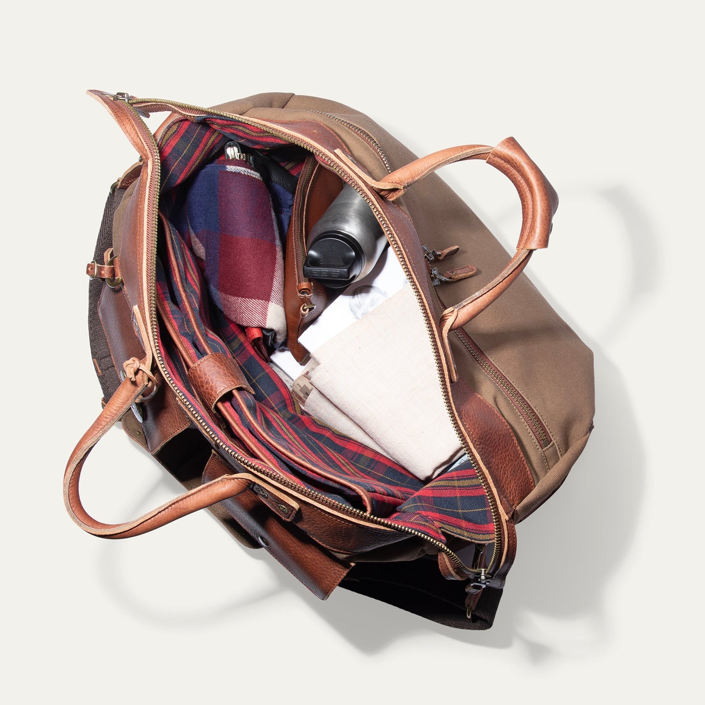 Will Leather Goods canvas and leather travel duffle in brown with plaid lining and zipper on Tampa Home & Garden Store