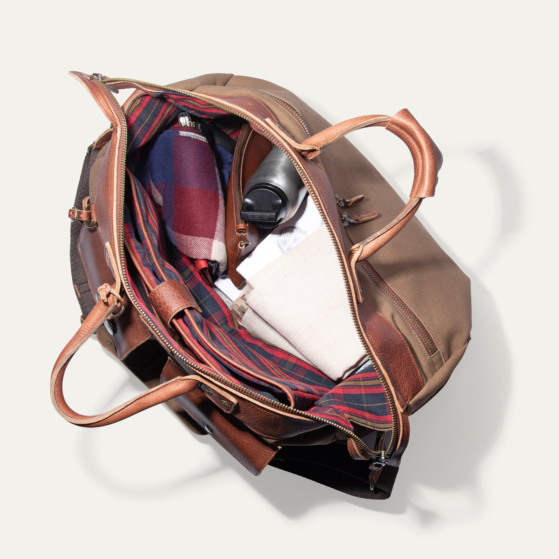 Will Leather Goods canvas and leather travel duffle in brown with plaid lining and zipper on Tampa Home & Garden Store