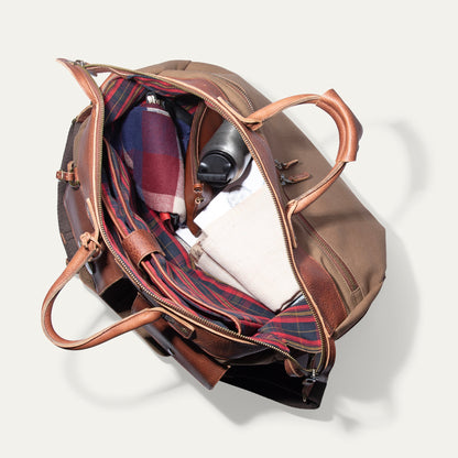 Will Leather Goods canvas and leather travel duffle in brown with plaid lining and zipper on Tampa Home & Garden Store