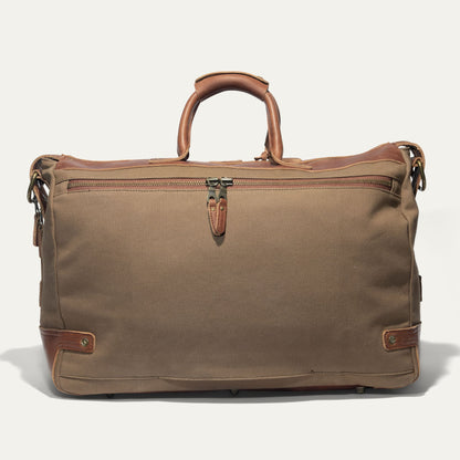 Canvas & Leather Travel Duffle with tan canvas and brown leather handles, zipper closure on Tampa Home & Garden Store