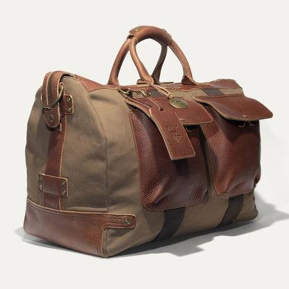 Canvas & Leather Travel Duffle by Will Leather Goods in tan canvas with leather trim on Tampa Home & Garden Store