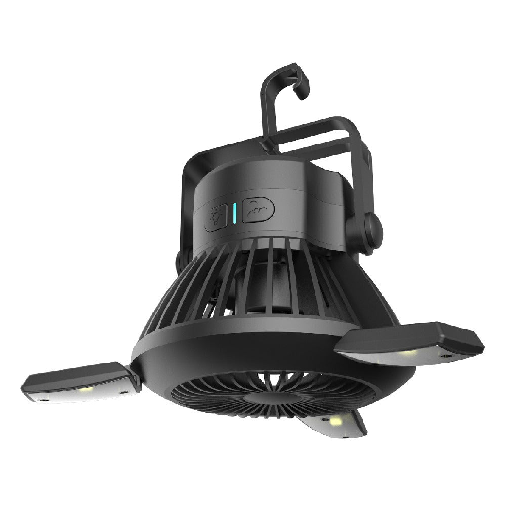Black solar camping light foldable fan with hanging hook, USB powered, 3-level airflow on Tampa Home & Garden Store