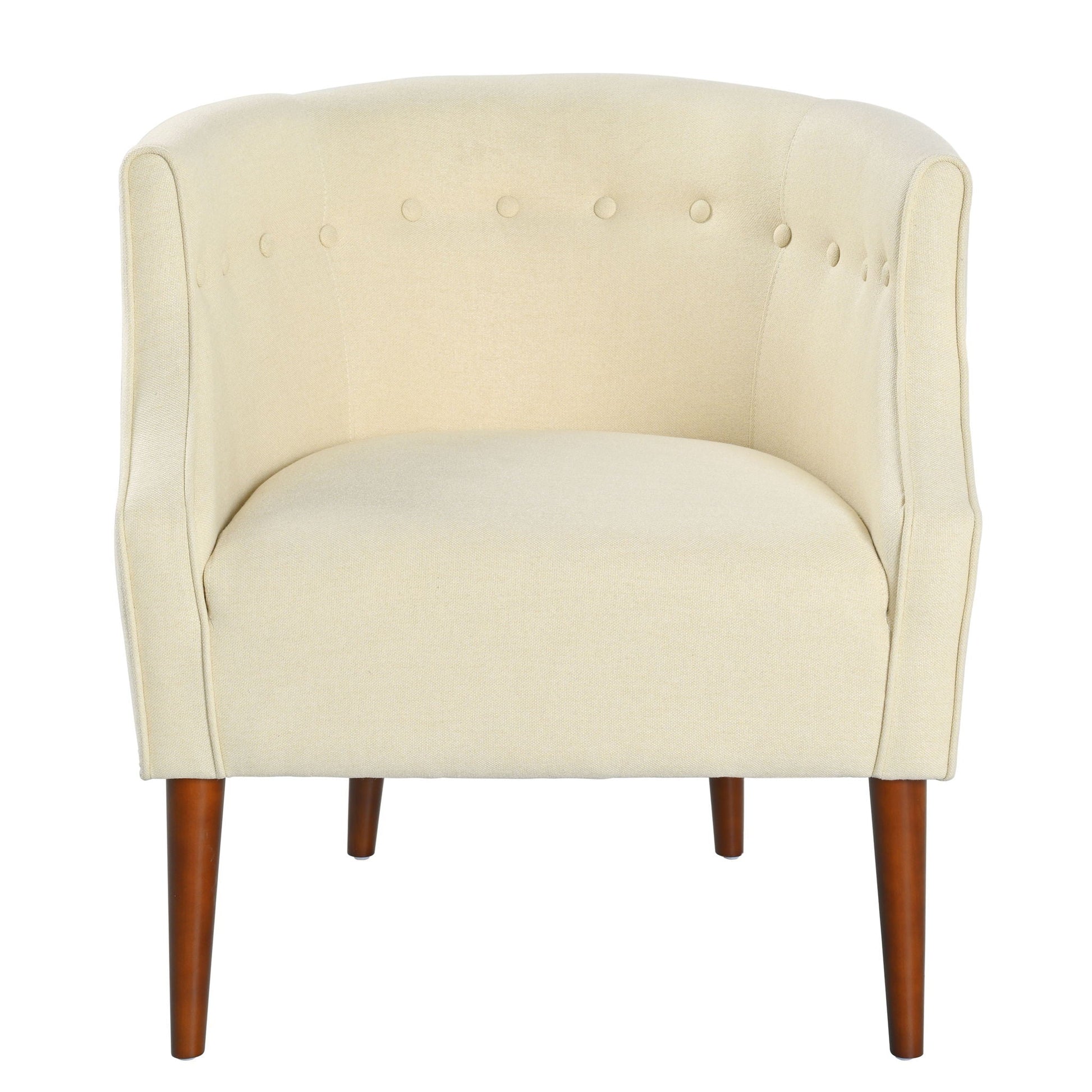 Beige contemporary club chair with button tufting on backrest and wooden legs on Tampa Home & Garden Store