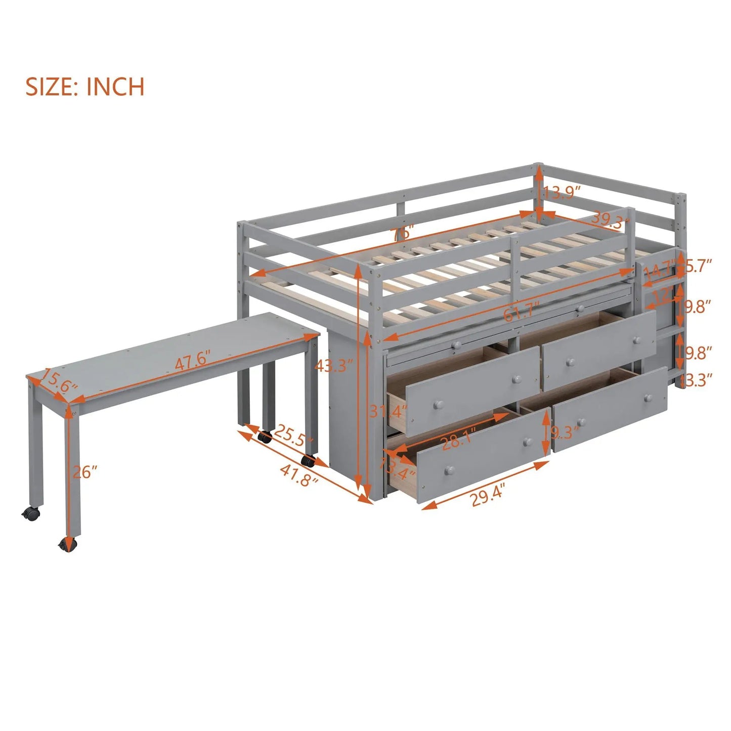 Loft bed with retractable desk and 4 drawers, gray metal frame with side portable desk on Tampa Home & Garden Store