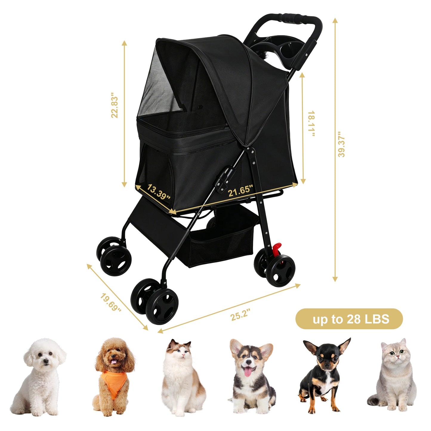 Foldable pet stroller HouseOfZazla black with mesh canopy for small dogs cats up to 28 lbs on Tampa Home & Garden Store