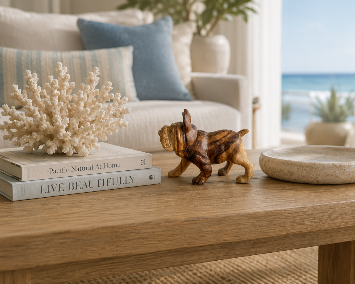 Hand carved bulldog small wooden statue with warm wood grain on Tampa Home & Garden Store