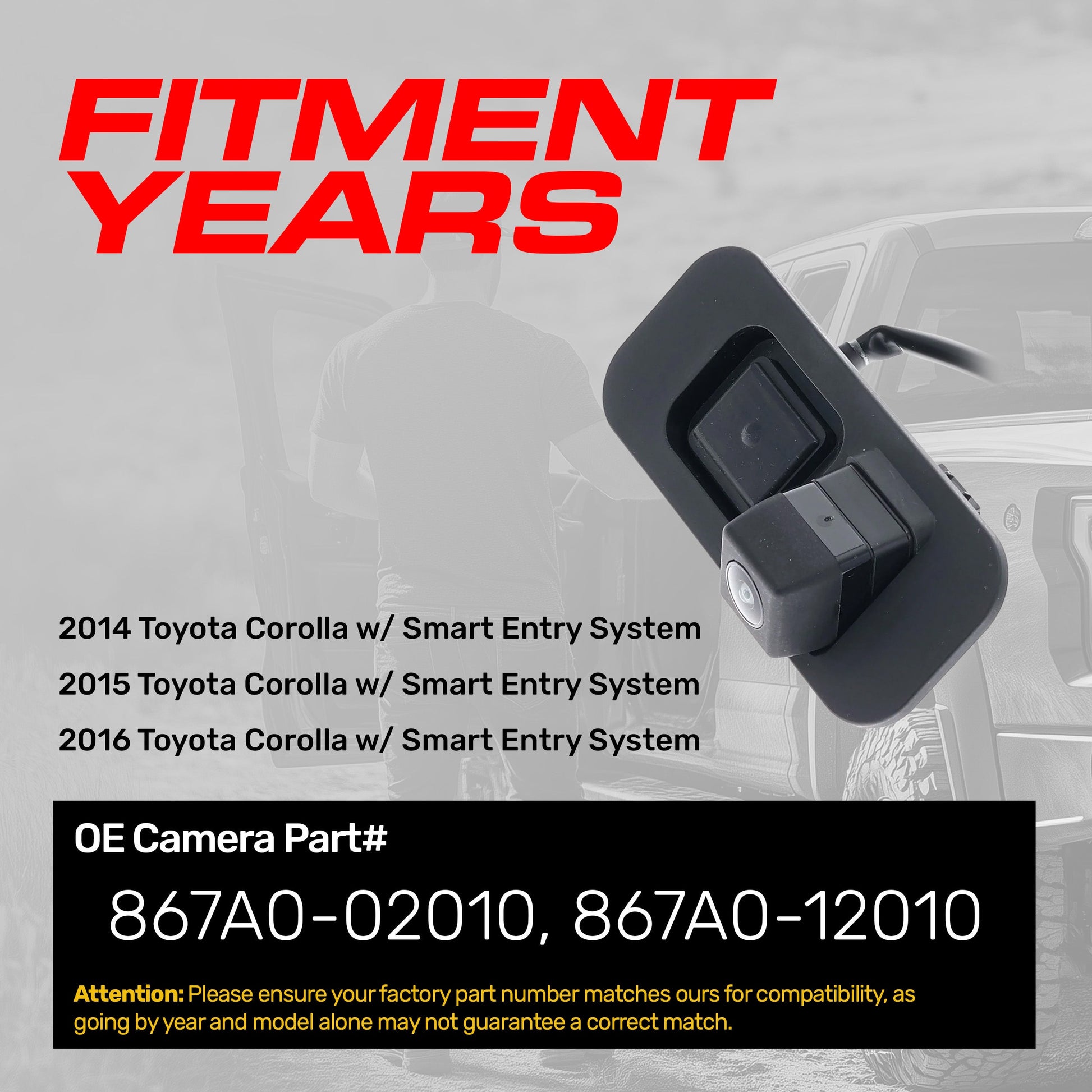 Toyota Corolla OEM backup camera for 2014–2016 with Smart Entry, OE 867A0-02010/867A0-12010 on Tampa Home & Garden Store
