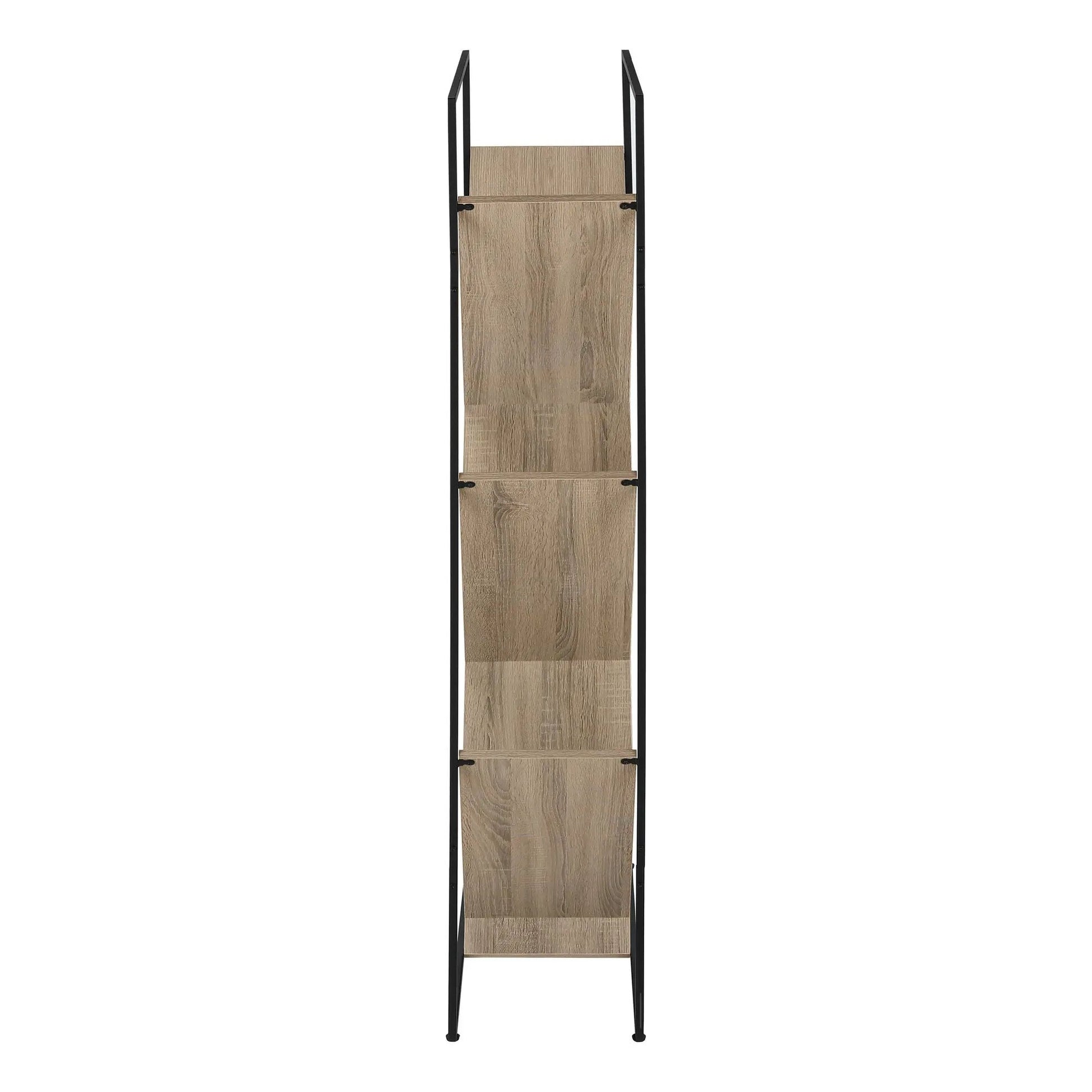 Three-tier etagere bookshelf with black metal frame and natural wood shelves on Tampa Home & Garden Store