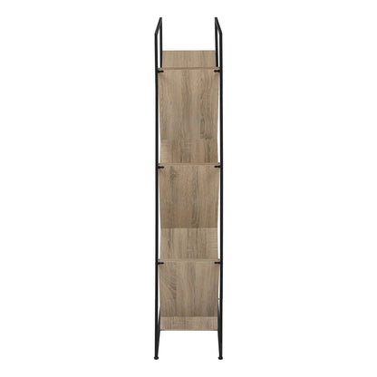 Three-tier etagere bookshelf with black metal frame and natural wood shelves on Tampa Home & Garden Store