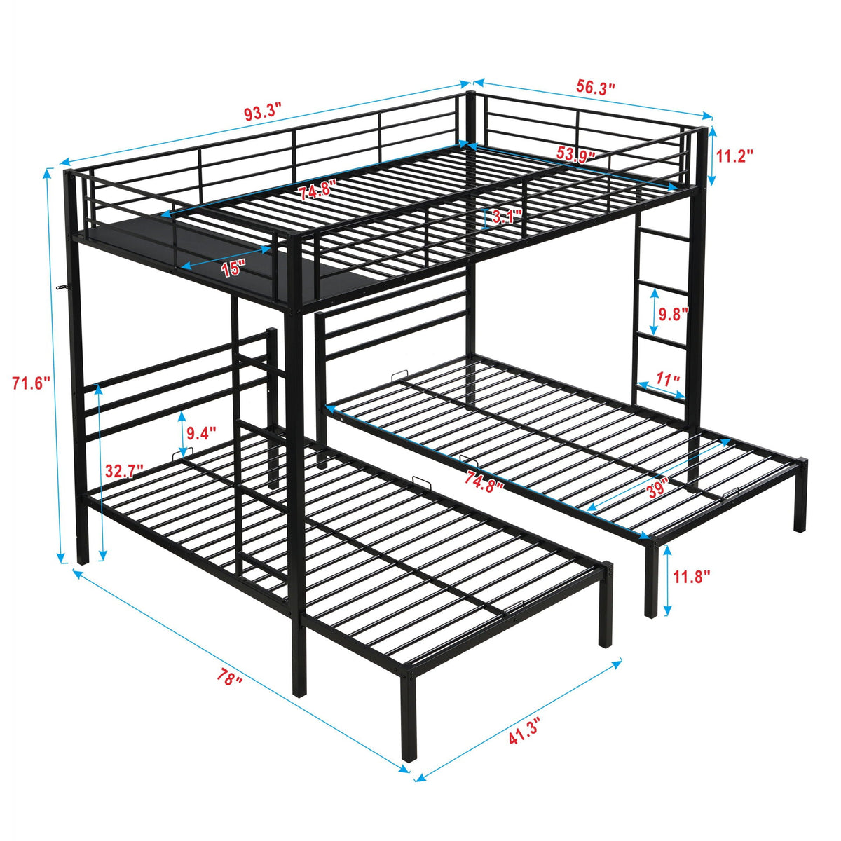 Modern metal triple bunk bed in black with vertical ladder and storage shelf by HouseOfZazla on Tampa Home & Garden Store