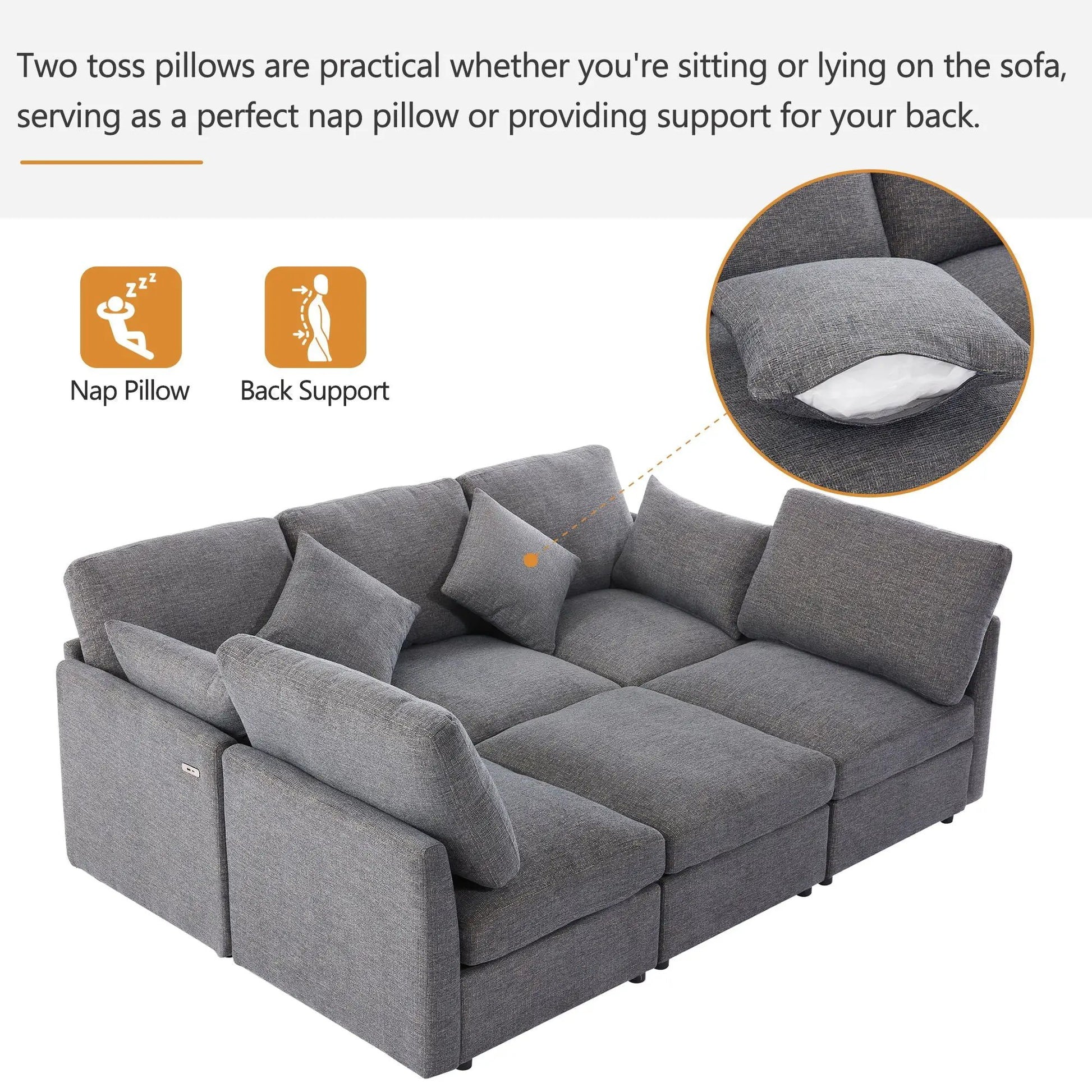 Sectional sofa 2-piece modular U-shaped with ottoman, gray fabric, USB ports on Tampa Home & Garden Store
