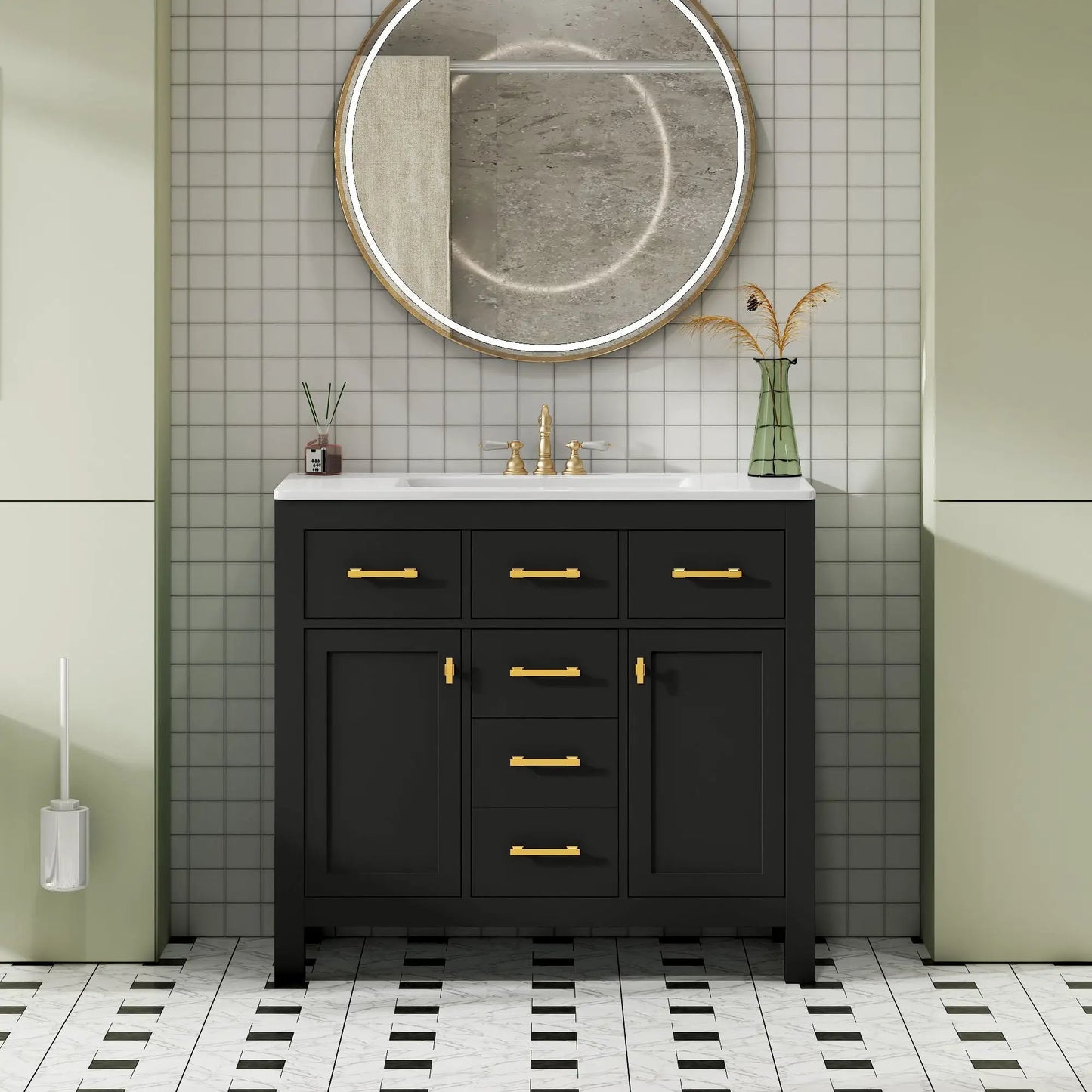 Bathroom vanity with sink combo, black 4-drawer cabinet, white countertop, gold hardware on Tampa Home & Garden Store