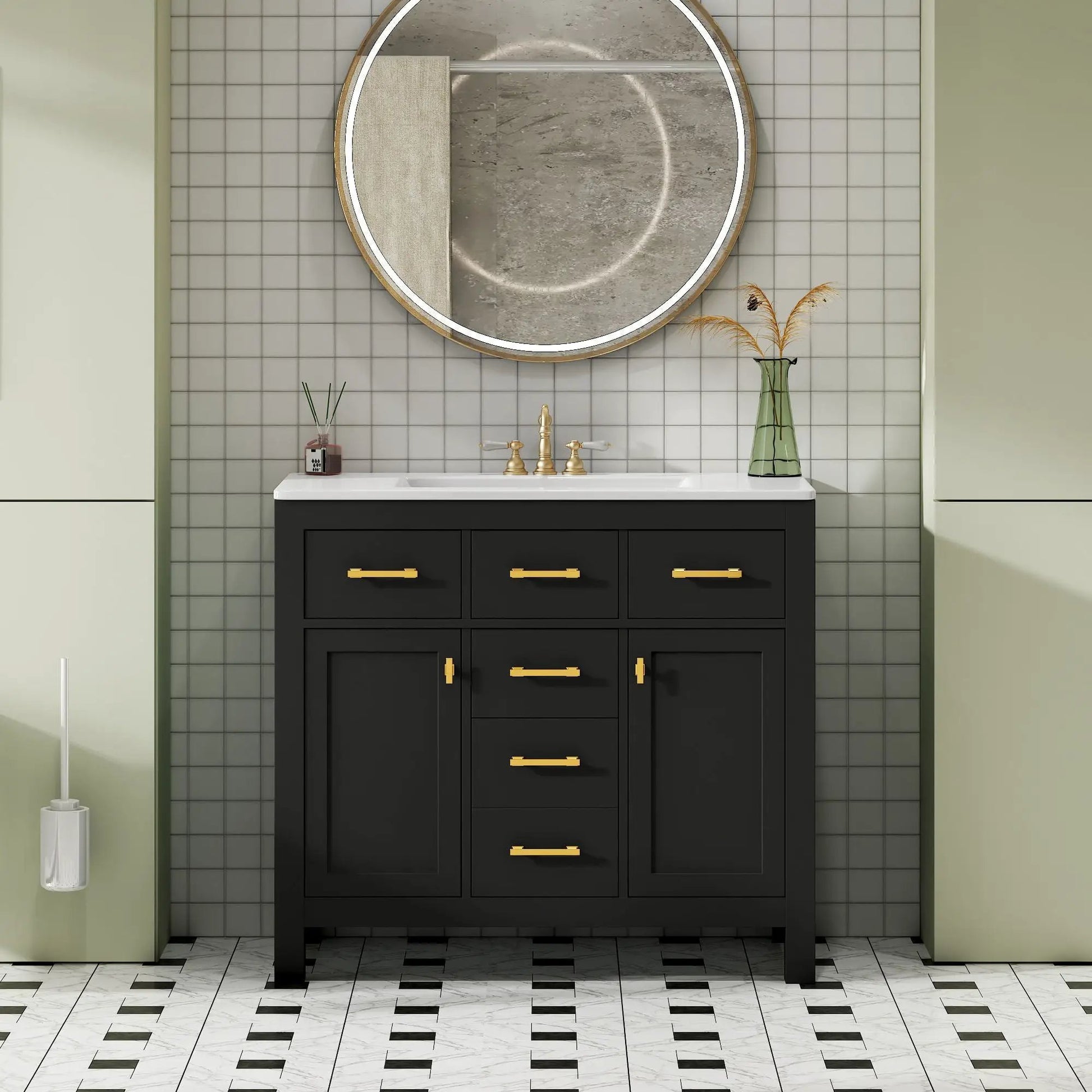 Bathroom vanity with sink combo, black 4-drawer cabinet, white countertop, gold hardware on Tampa Home & Garden Store