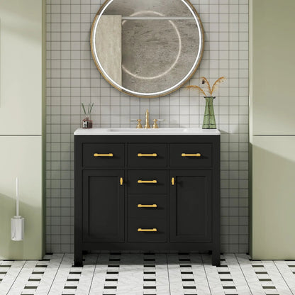 Bathroom vanity with sink combo, black 4-drawer cabinet, white countertop, gold hardware on Tampa Home & Garden Store