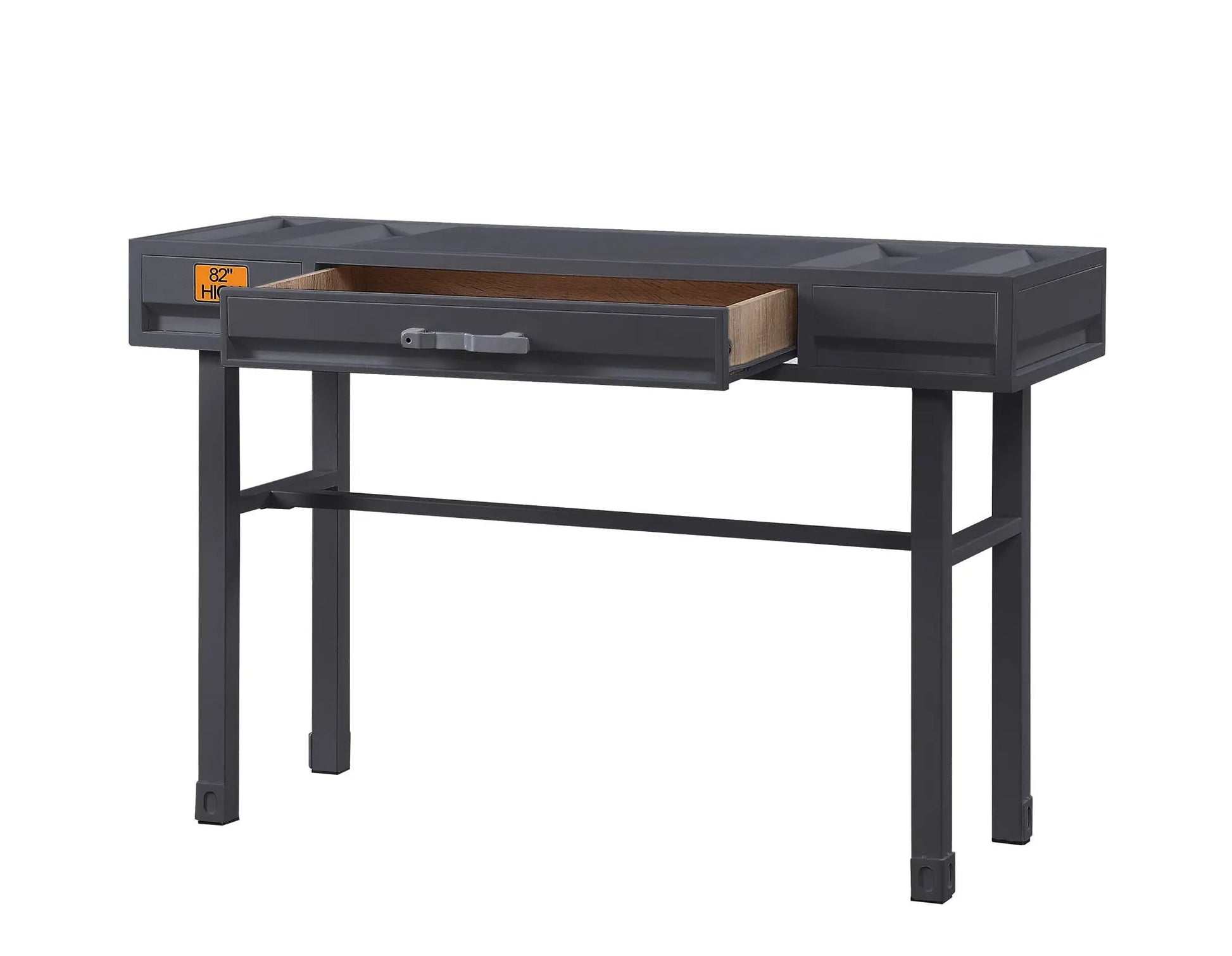 Cargo vanity desk with functional storage, dark gray metal frame, wood interior drawer open on Tampa Home & Garden Store