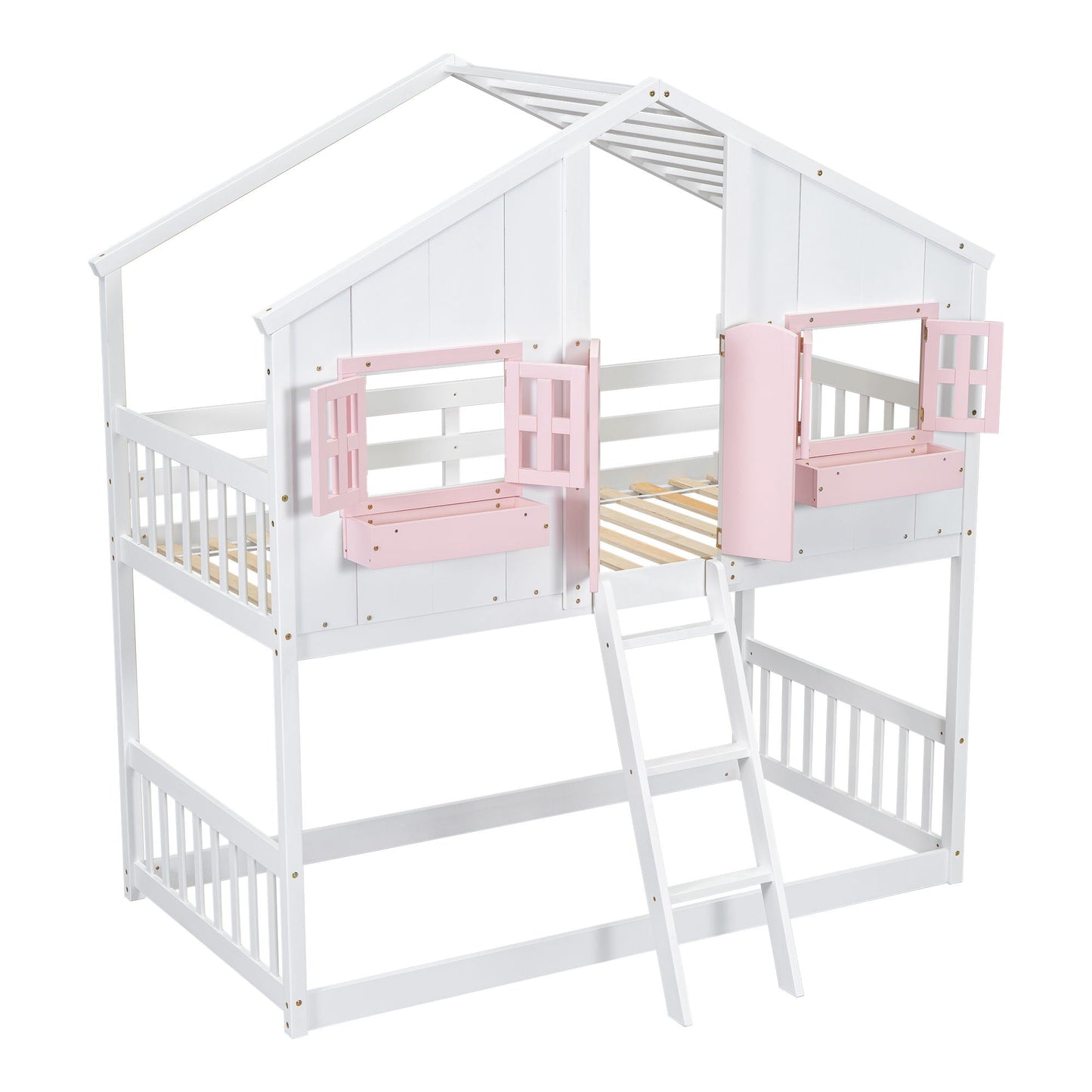 House bunk bed with roof and pink doors, white frame, ladder HouseOfZazla on Tampa Home & Garden Store