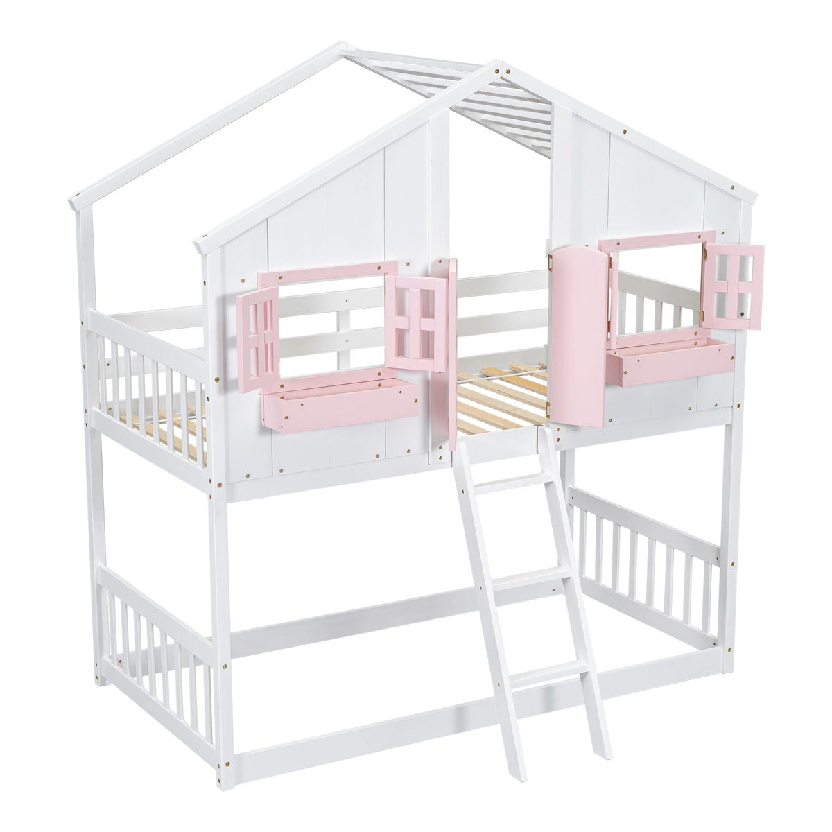 House bunk bed with roof and pink doors, white frame, ladder HouseOfZazla on Tampa Home & Garden Store