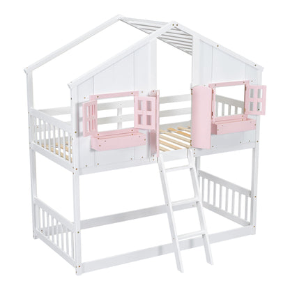 House bunk bed with roof and pink doors, white frame, ladder HouseOfZazla on Tampa Home & Garden Store
