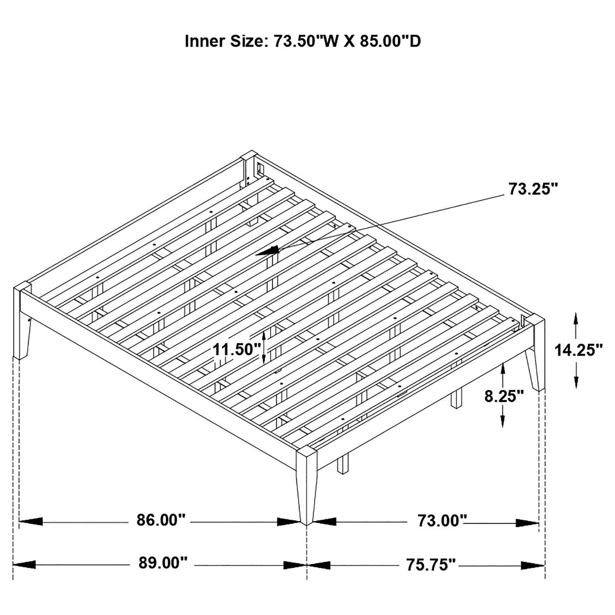 Hounslow Platform Bed blueprint with slatted frame and legs inner size 73.50W x 85.00D HouseOfZazla on Tampa Home & Garden Store