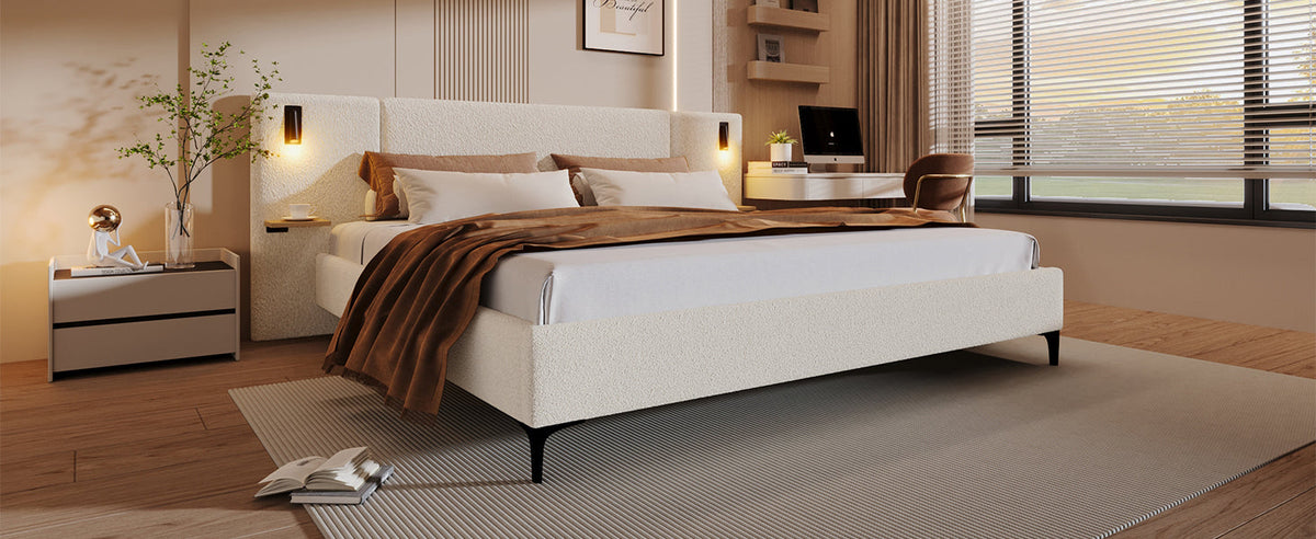 Elegant Boucle Bed With Built In Light And Shelf