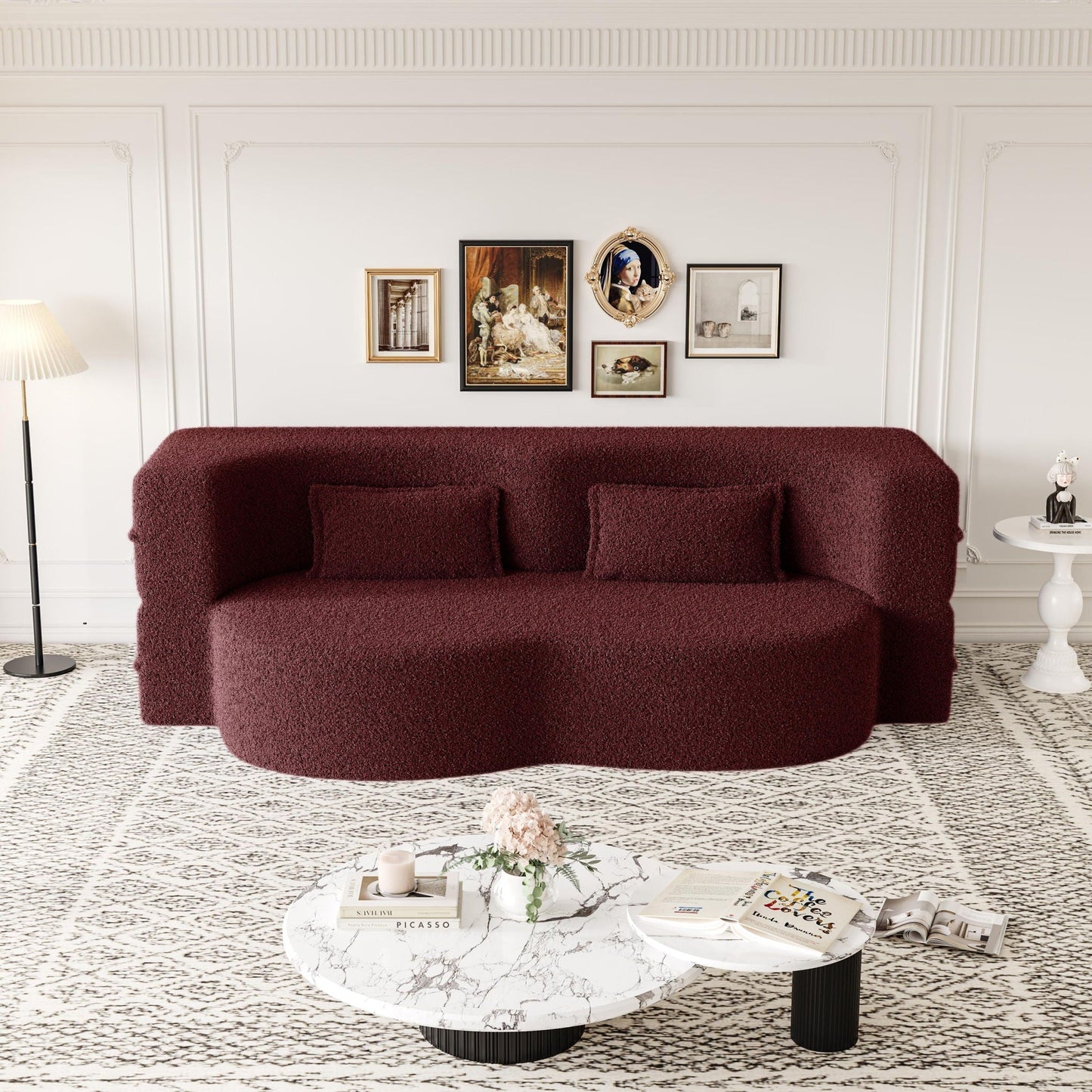 Modern Floor Sofa Futon by HouseOfZazla in burgundy teddy fabric with two pillows on Tampa Home & Garden Store
