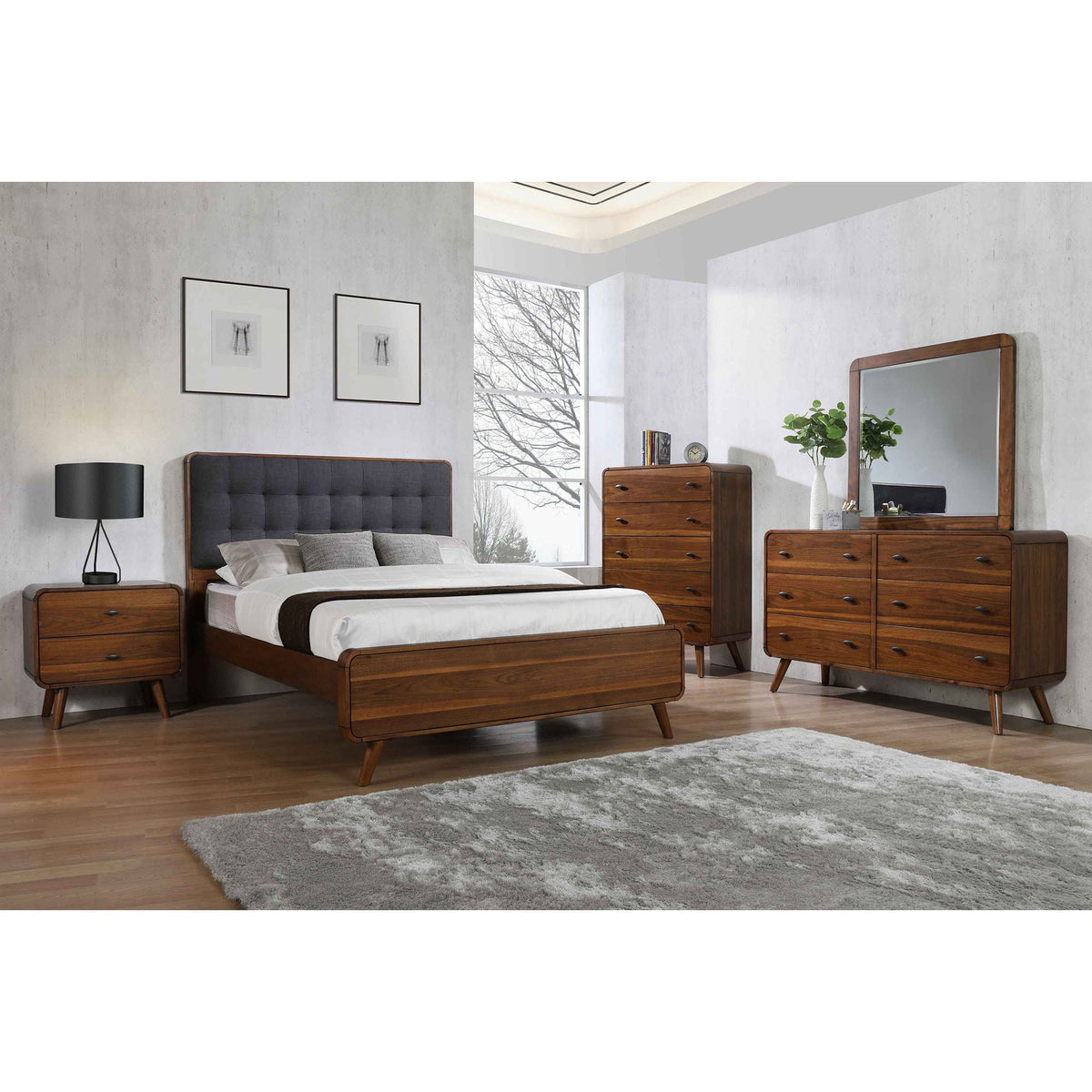 Carson Carrington platform bed with tufted headboard in walnut frame; matching nightstands on Tampa Home & Garden Store