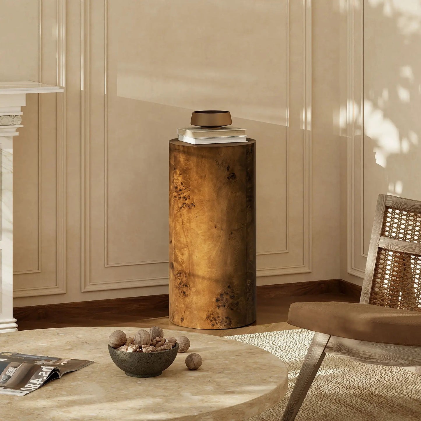Nebula accent pillar side table in warm burl wood with stacked books and a brown decorative bowl on Tampa Home & Garden Store