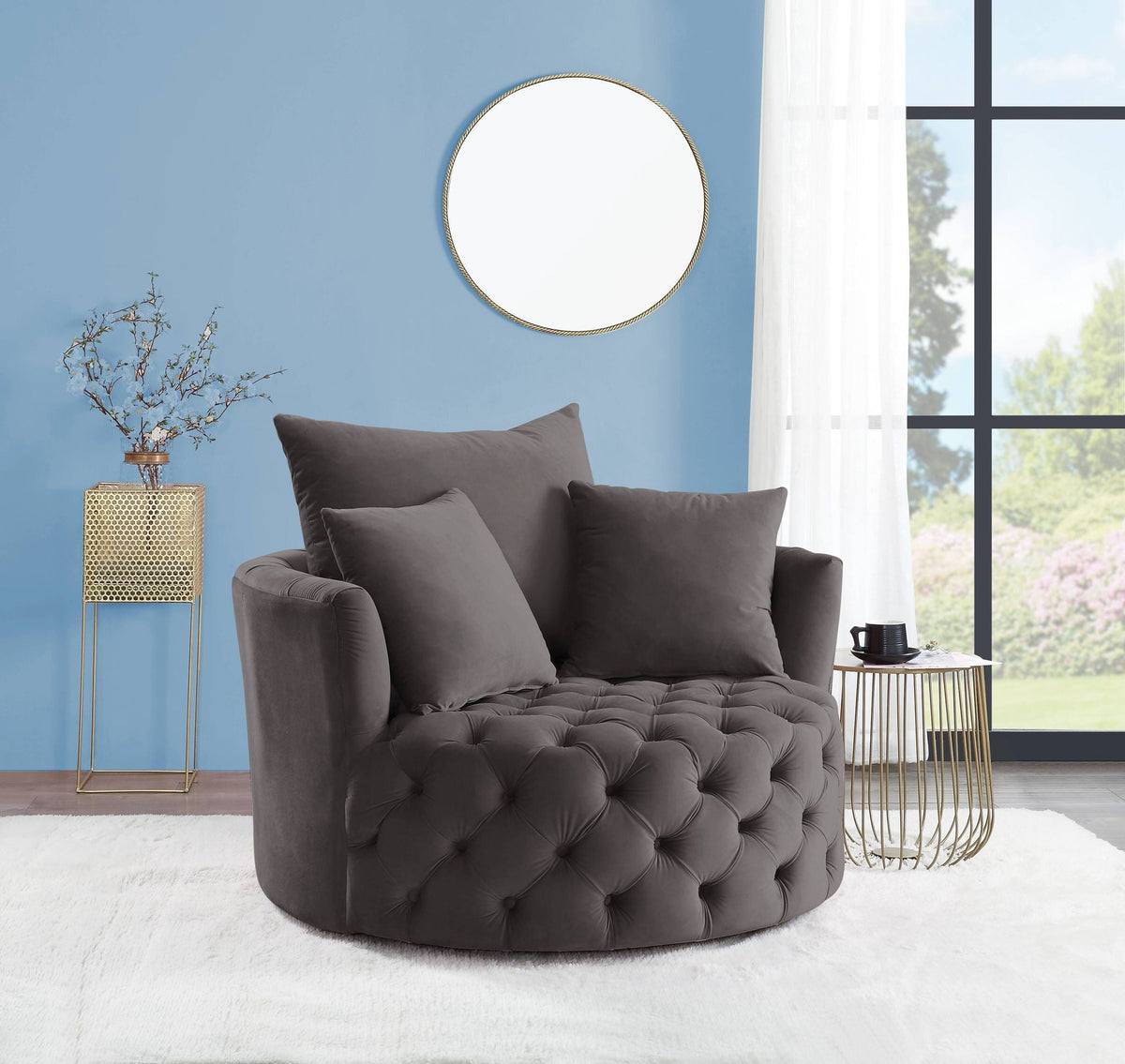 Velvet Swivel Accent Chair dark gray with button tufting by HouseOfZazla on Tampa Home & Garden Store