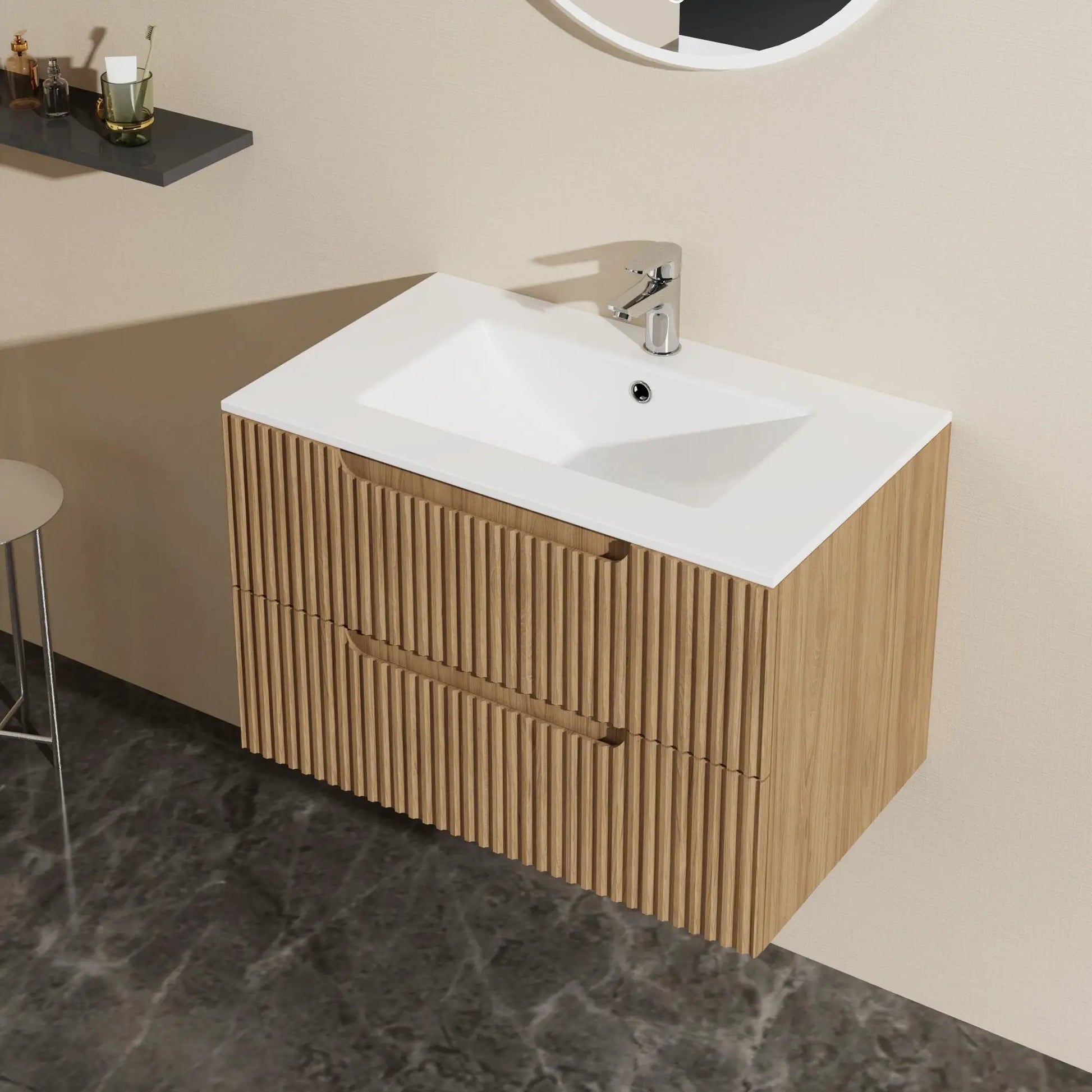 30in wall mounted vanity with sink walnut slatted-front cabinet chrome faucet on Tampa Home & Garden Store