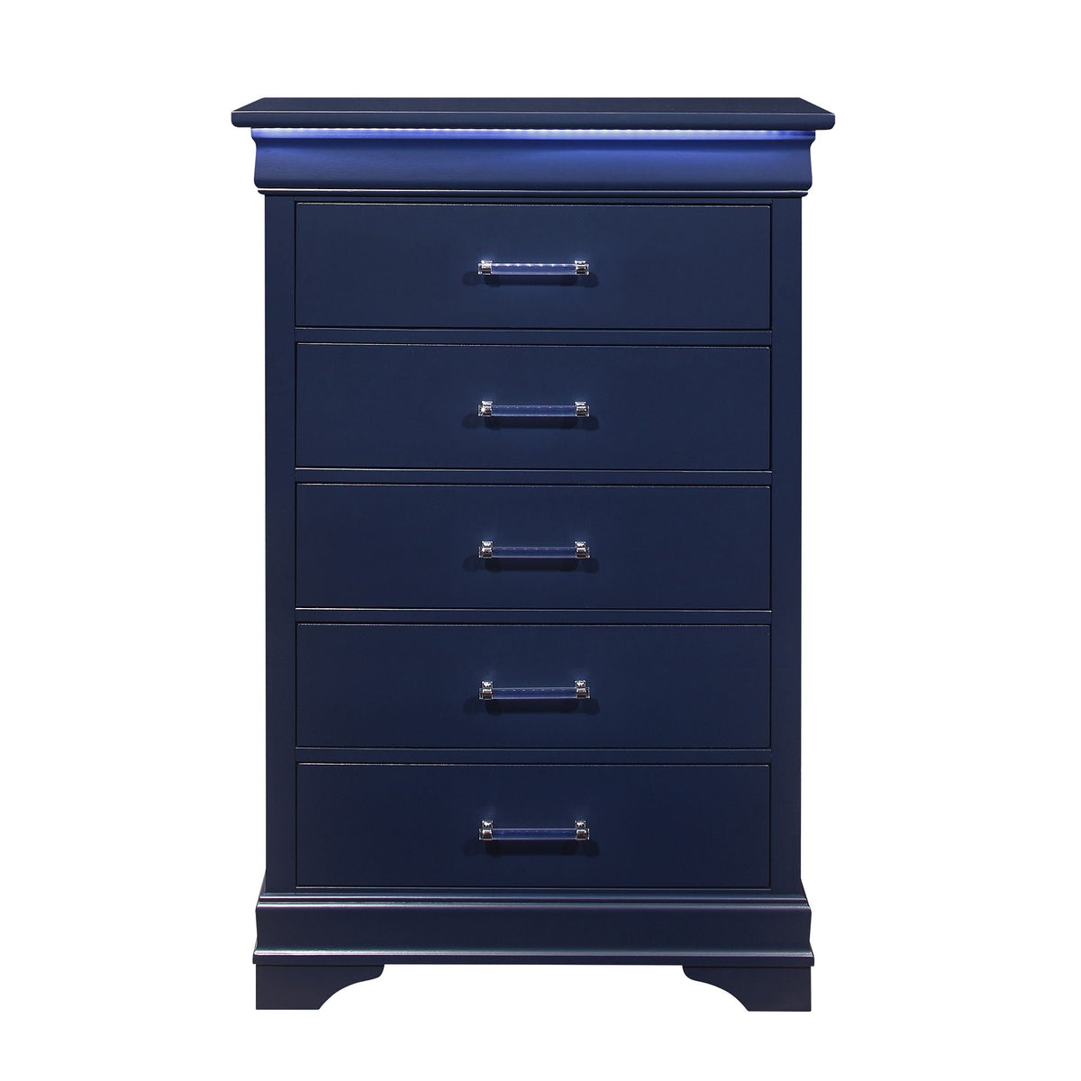 Charlston Accent Chest with LED lighting in navy blue featuring crystal bar pulls on Tampa Home & Garden Store