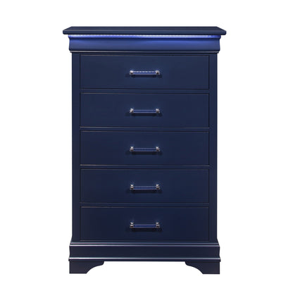 Charlston Accent Chest with LED lighting in navy blue featuring crystal bar pulls on Tampa Home & Garden Store