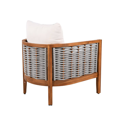 Outdoor Tub Design Armchair with acacia wood frame and gray woven rope, white cushion HouseOfZazla on Tampa Home & Garden Store