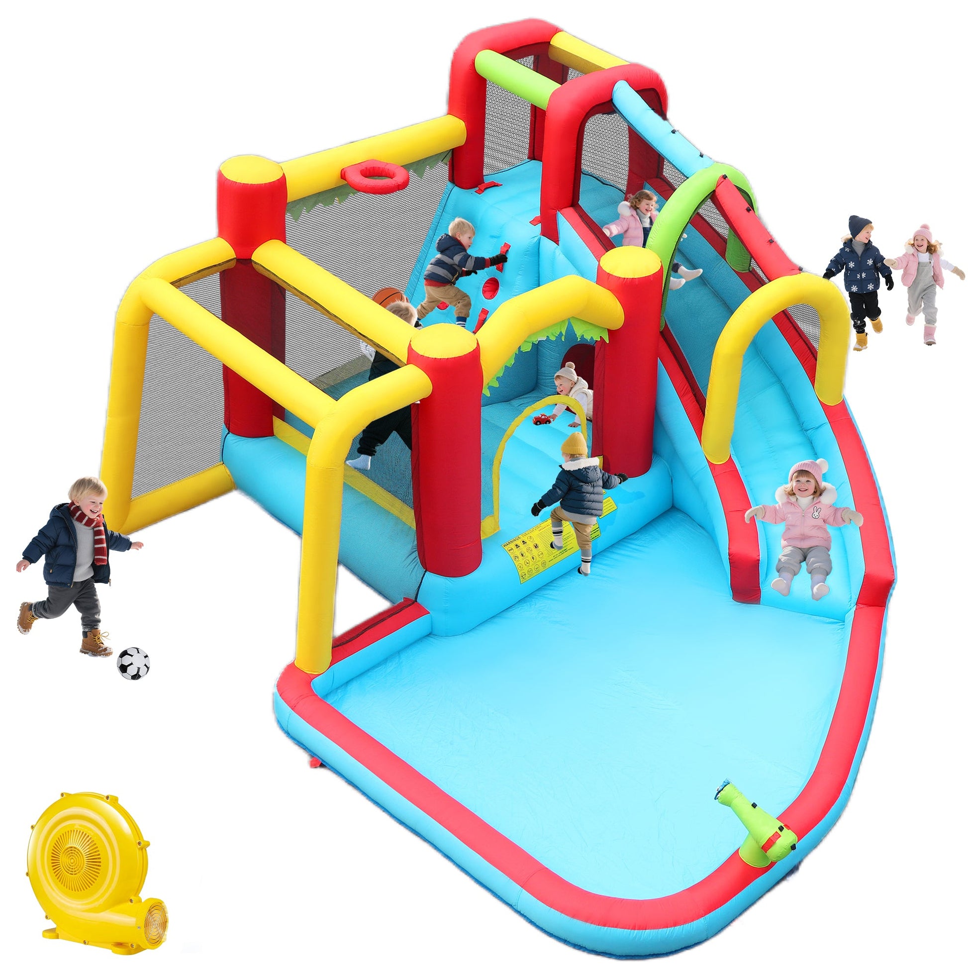 7-in-1 Inflatable Slide Water Park and Garden Bouncer, blue, red, yellow arches, kids playing on Tampa Home & Garden Store