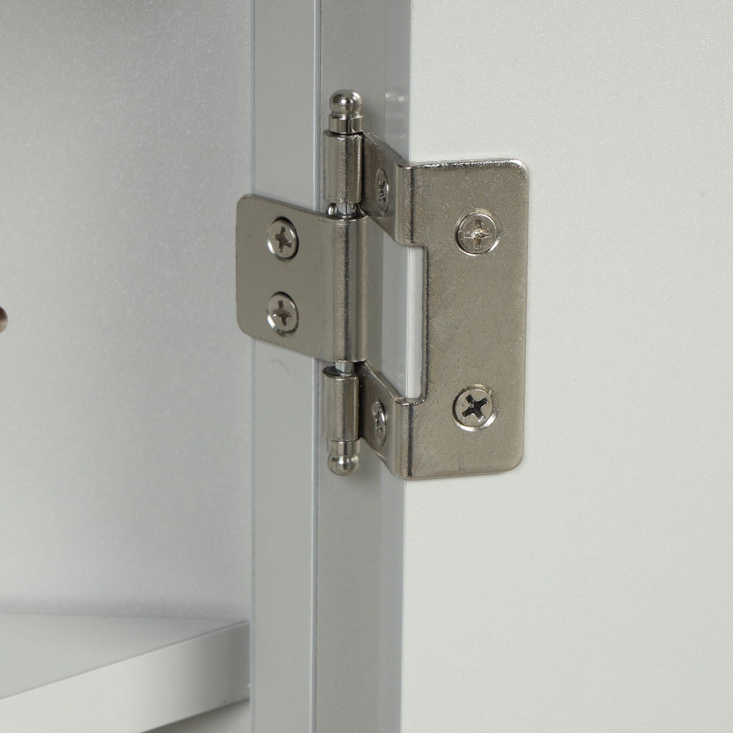 Triangle bathroom storage cabinet hinge close-up on gray linen cabinet by HouseOfZazla on Tampa Home & Garden Store