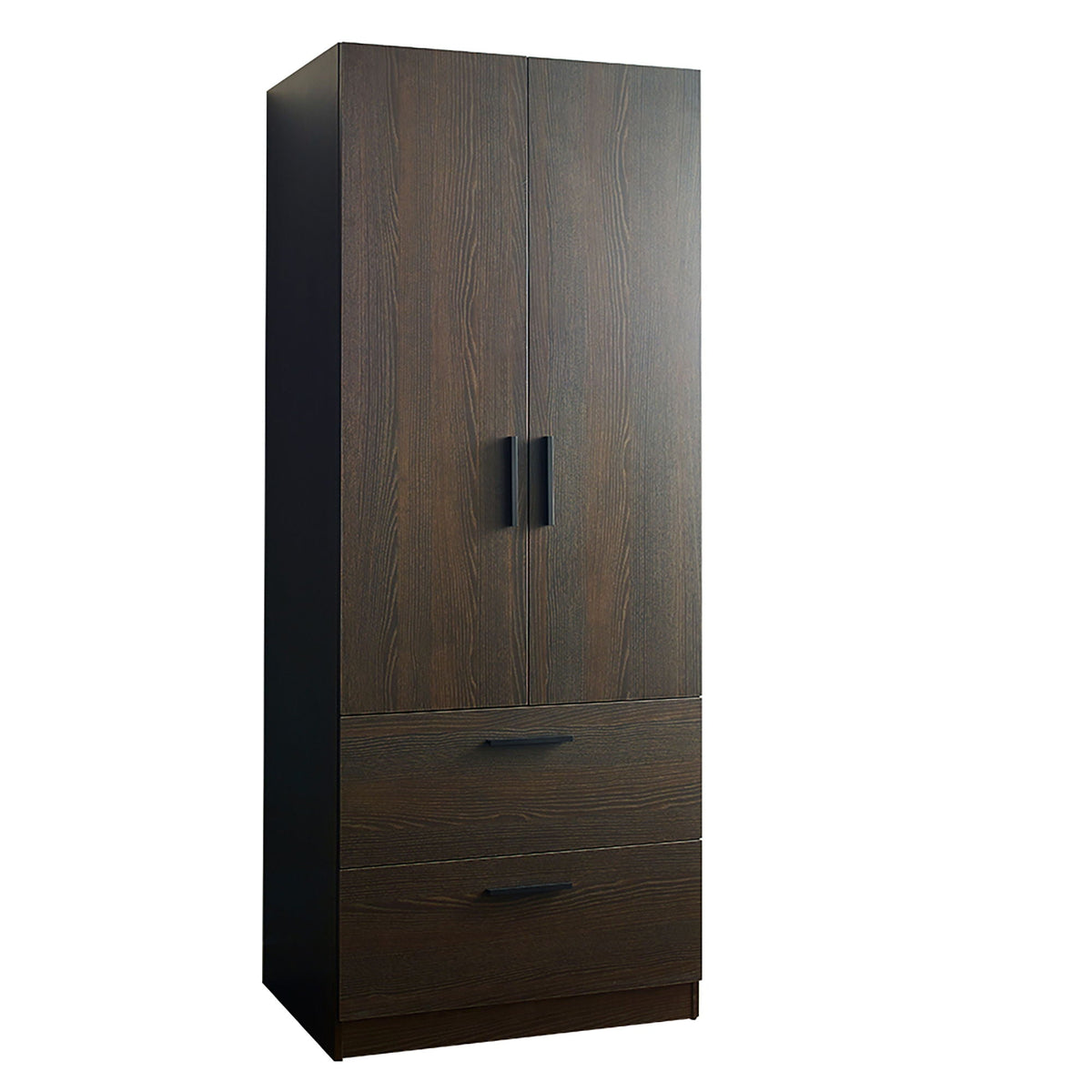 Dark brown woodgrain wardrobe with two doors and a bottom drawer on Tampa Home & Garden Store