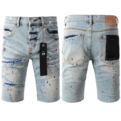 Personal Leisure Washed Light Color All-matching Jeans light denim shorts with paint splatter on Tampa Home & Garden Store