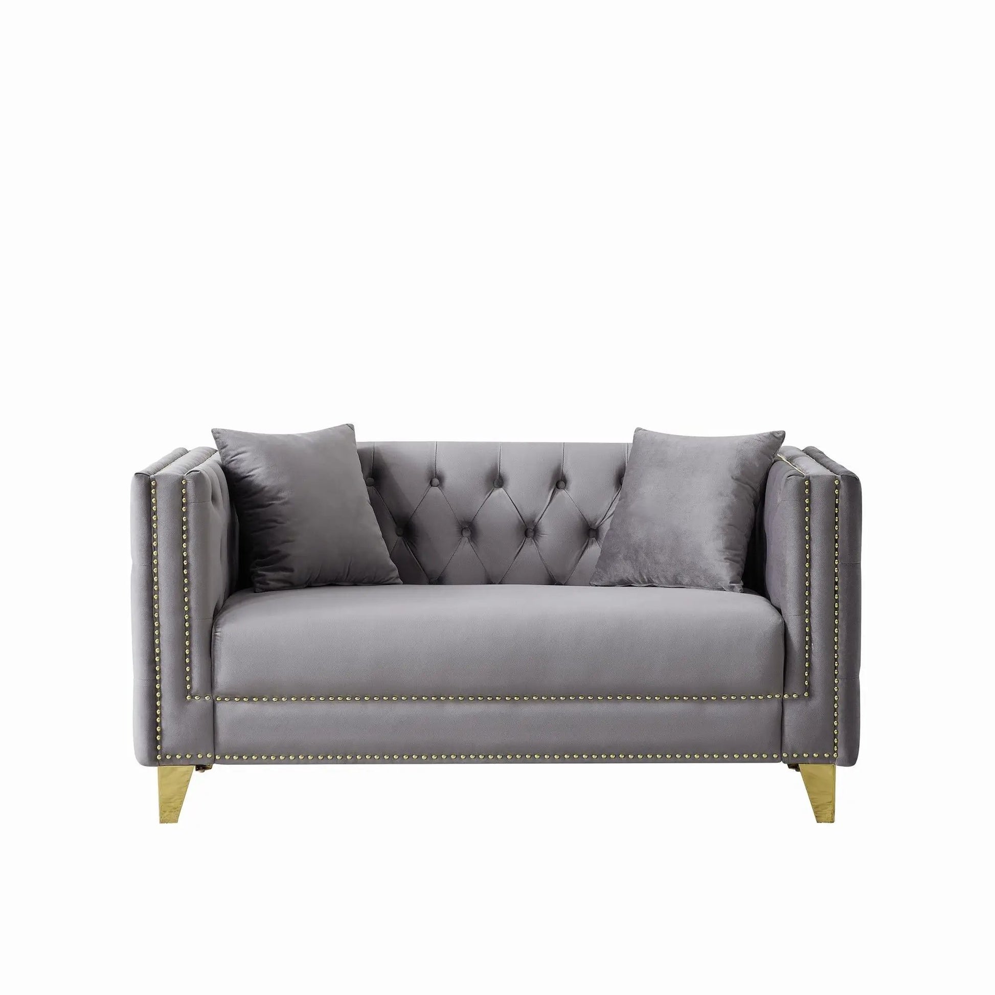 2-seater deep-seat sofa gray with button tufting, nailhead trim, square arms, gold legs on Tampa Home & Garden Store