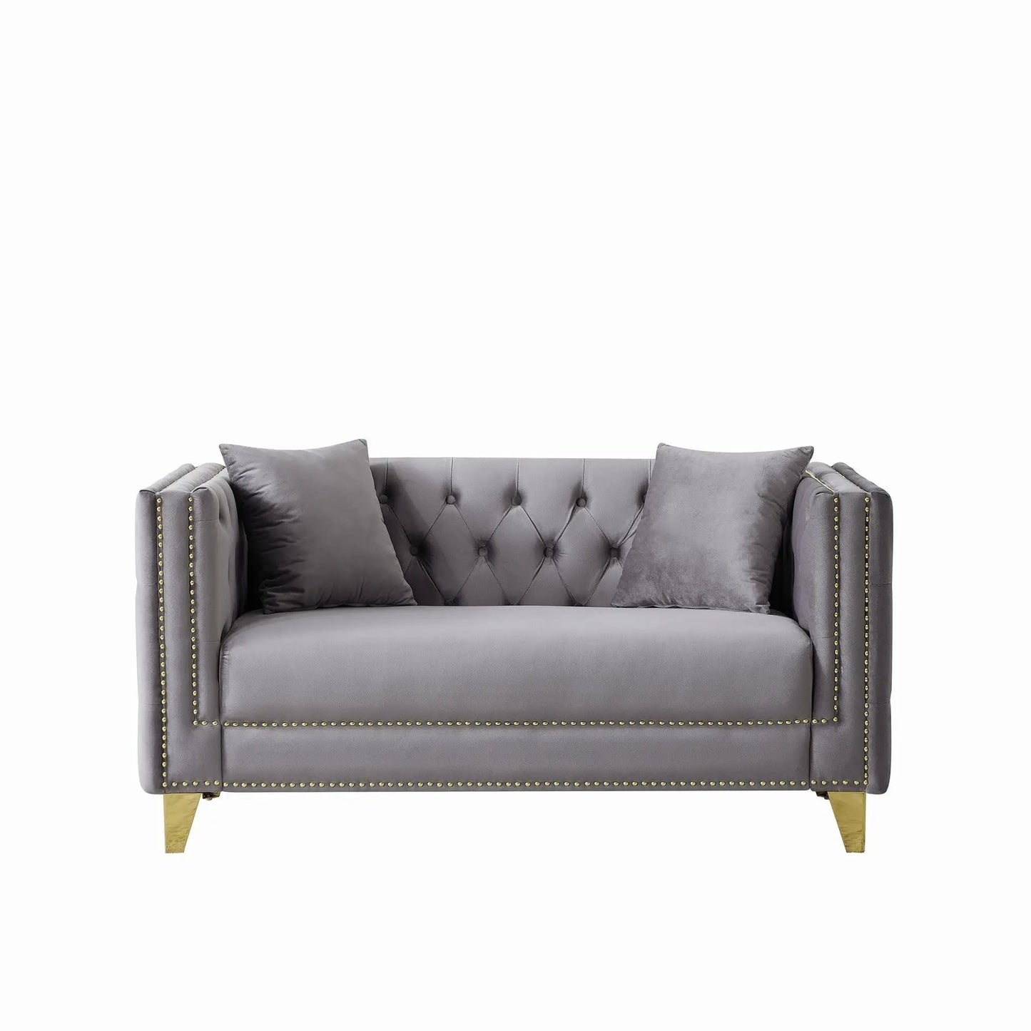 Deep seat gray tufted sofa with nailhead trim, square arms and gold legs on Tampa Home & Garden Store
