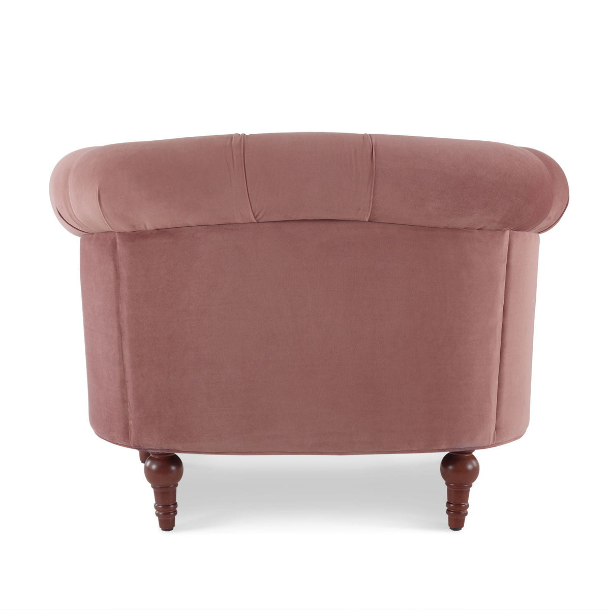 Victorian tufted accent chair in dusty rose velvet with rolled back and turned wood legs on Tampa Home & Garden Store
