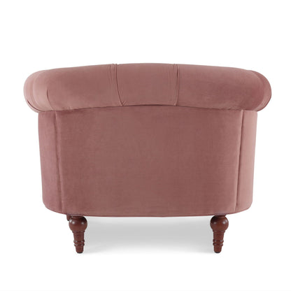 Victorian tufted accent chair in dusty rose velvet with rolled back and turned wood legs on Tampa Home & Garden Store