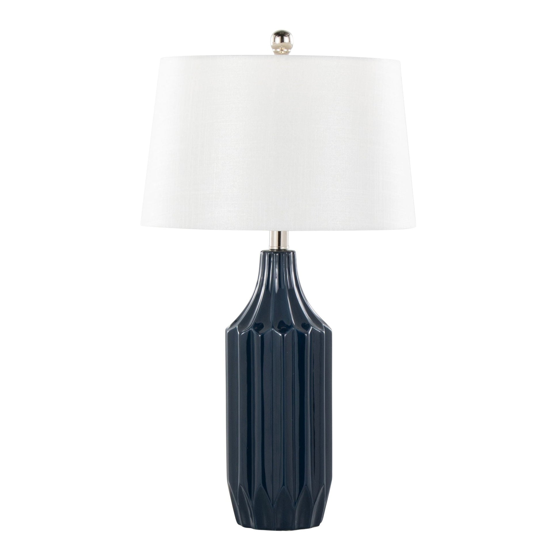 Stella contemporary table lamp with navy ribbed ceramic base and white shade by HouseOfZazla on Tampa Home & Garden Store