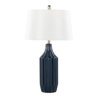 Stella contemporary table lamp with navy ribbed ceramic base and white shade by HouseOfZazla on Tampa Home & Garden Store