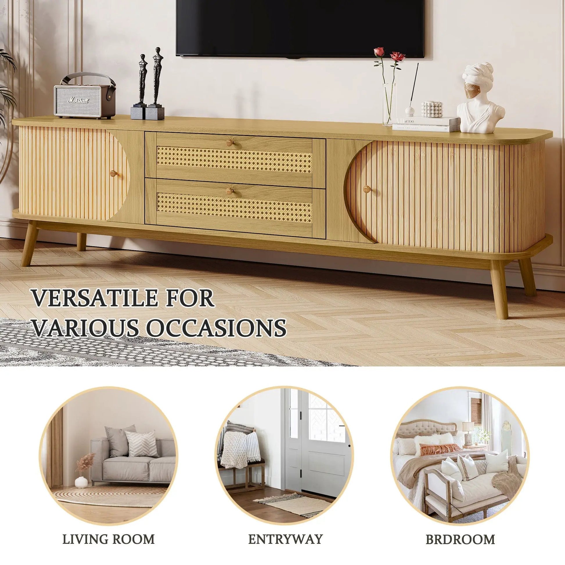 Rattan TV stand for TVs up to 75 in, natural wood finish, farmhouse console with legs on Tampa Home & Garden Store