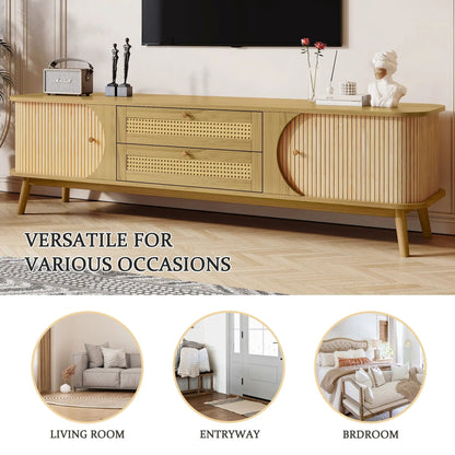 Rattan TV stand for TVs up to 75 in, natural wood finish, farmhouse console with legs on Tampa Home & Garden Store