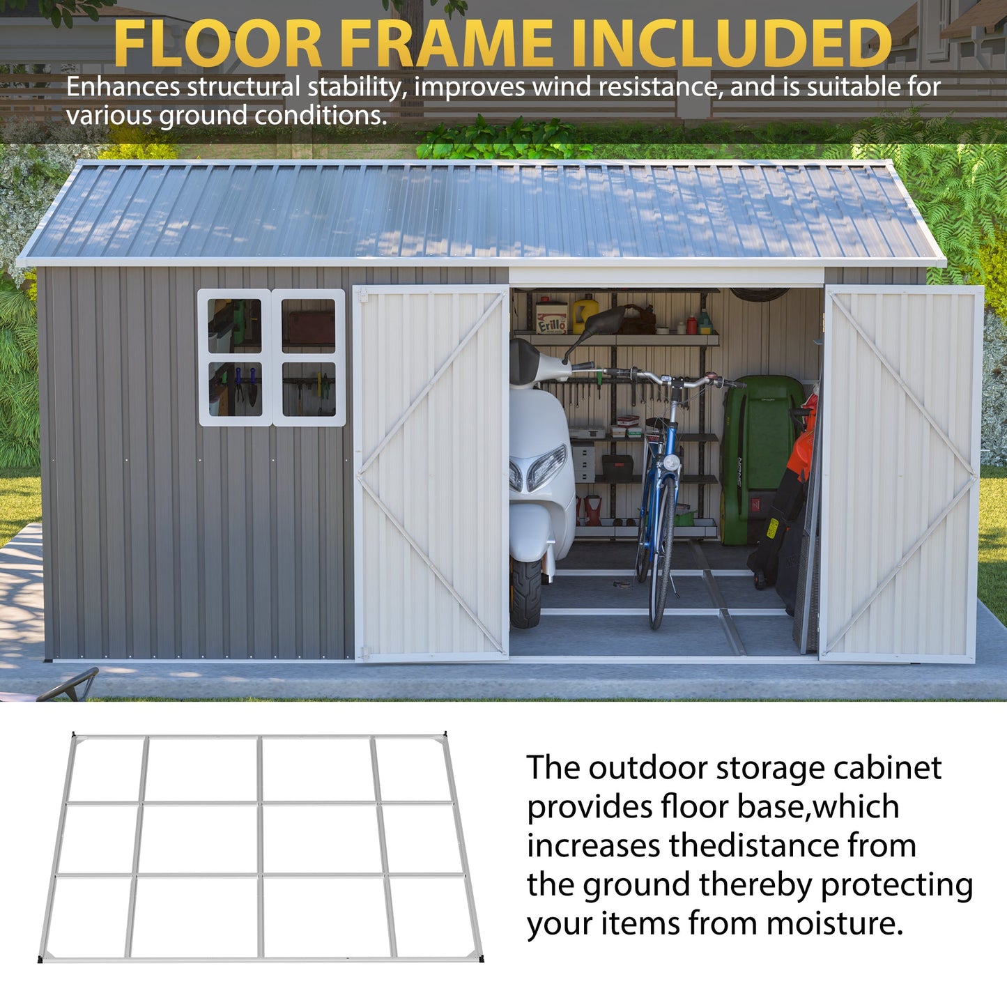 12x10 ft outdoor metal storage shed HouseOfZazla; grey siding, white trim, metal roof on Tampa Home & Garden Store