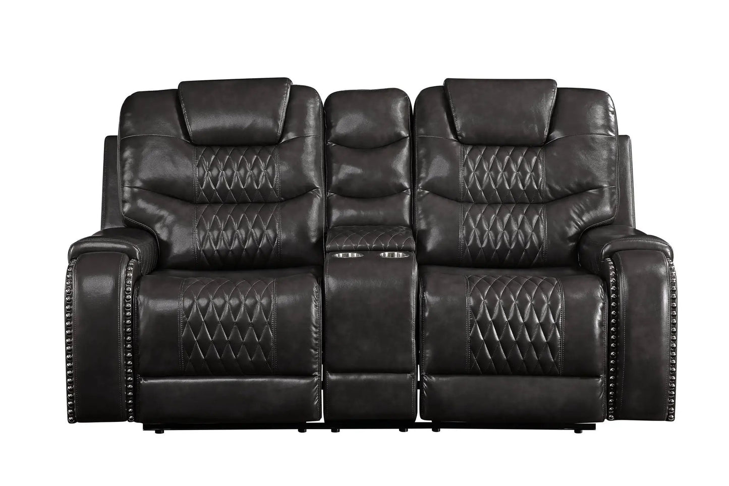 Braylon recliner loveseat brown leather with center console cupholders, diamond stitching on Tampa Home & Garden Store