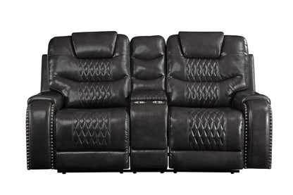 Braylon recliner loveseat brown leather with center console cupholders, diamond stitching on Tampa Home & Garden Store