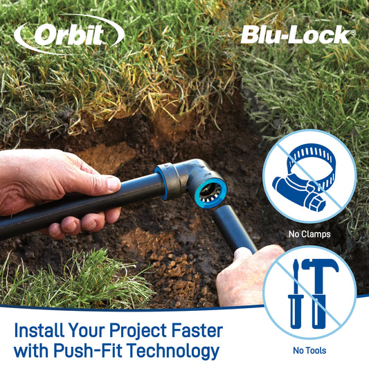 Orbit Blu-Lock 3/4 in x 1/2 in FPT reducing tee for underground irrigation being installed on black pipe push-fit connector on Tampa Home & Garden Store