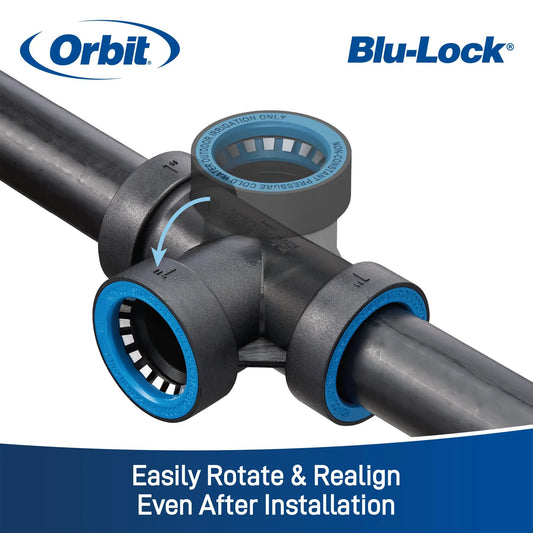 Orbit Blu-Lock Cap 1 in blue ring with stainless teeth grip on irrigation tubing on Tampa Home & Garden Store